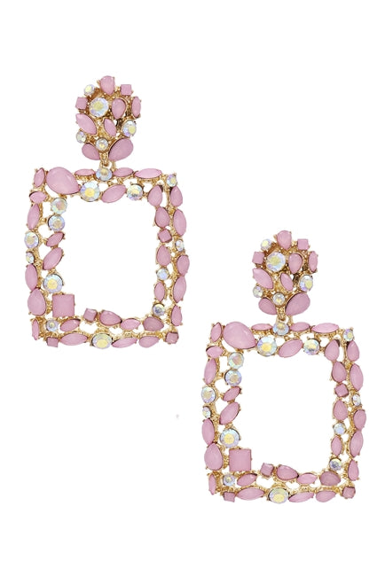 Pink Rhinestone Square Earrings